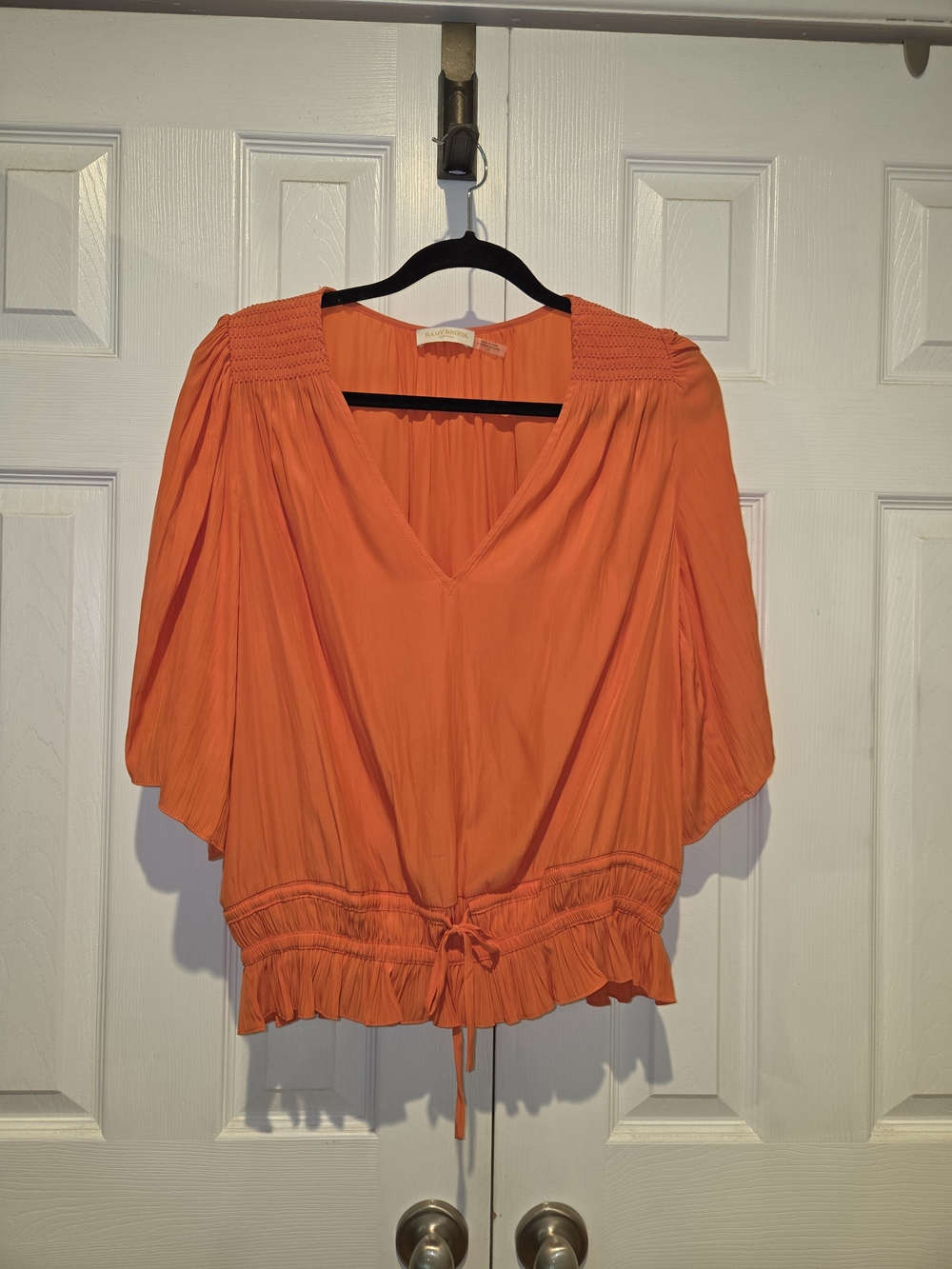 Ramy Brook Orange V-Neck Smocked Shoulder & Drawstring Hem Blouse